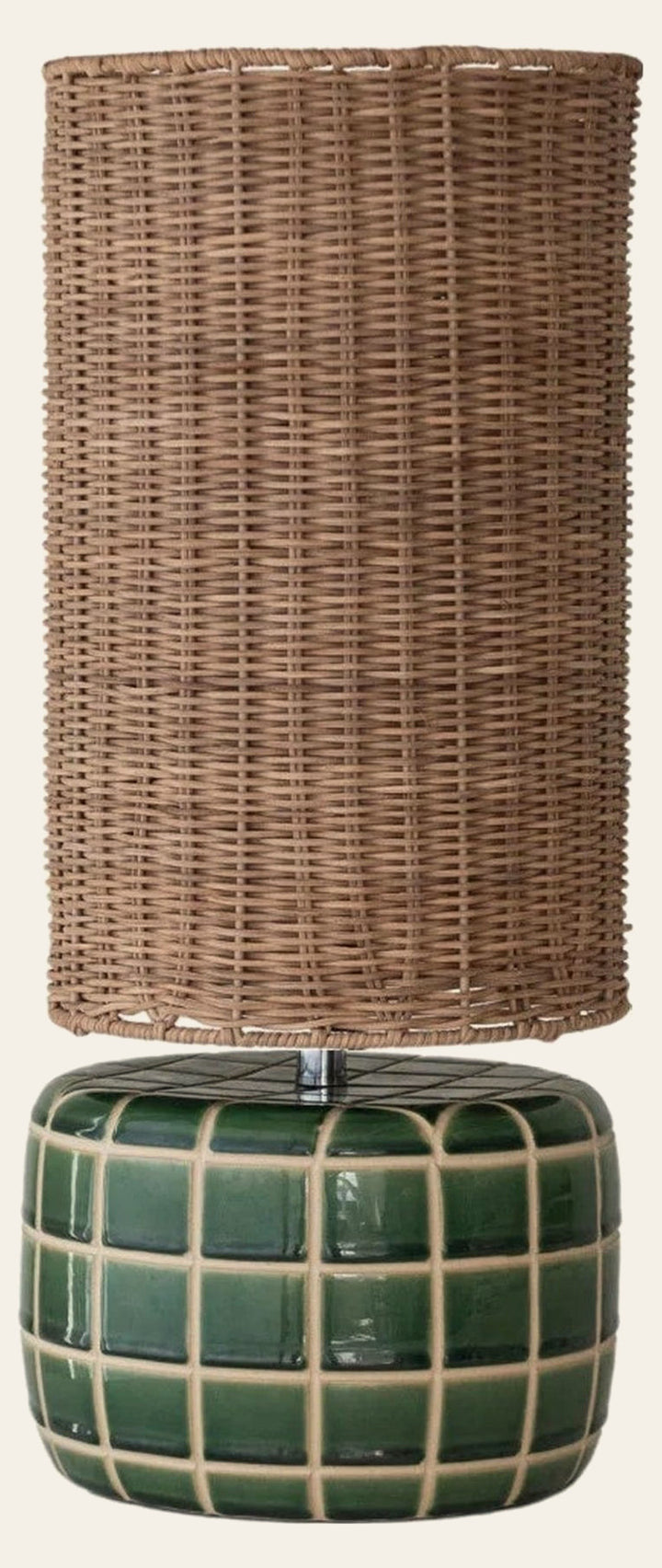 Ceramic Tiled Table Lamp with green glazed base and hand-woven rattan shade front view - lamp by Creative Co-Op - Whats New Furniture Portland OR