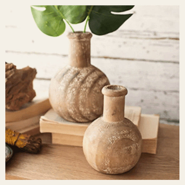 Pair of Round Carved Wooden Bottles - What's New Furniture - Portland, Oregon