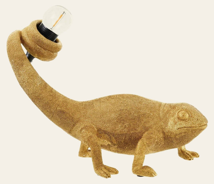 Resin Chameleon Table Lamp in gold finish holding an Edison bulb in its curled tail - lamp by Creative Co-Op - Whats New Furniture Portland OR