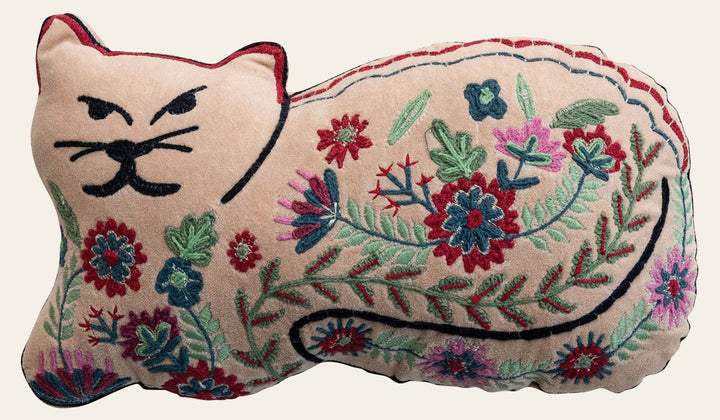 Cotton Velvet Cat Shaped Pillow with Botanicals & Embroidery - What's New Furniture - Portland, Oregon