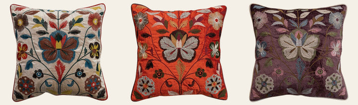 Velvet Pillow w/ Embroidered Botanical Pattern, Piping & Chambray Back - What's New Furniture - Portland, Oregon