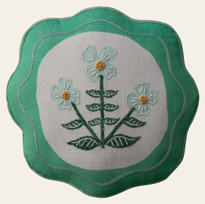 Round Cotton Scalloped Pillow with Embroidery & Velvet Back - What's New Furniture - Portland, Oregon