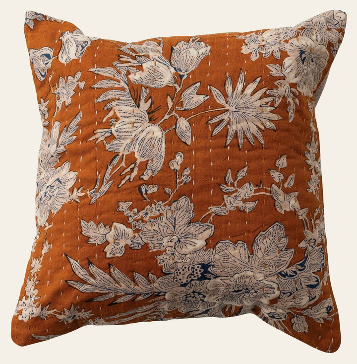 Square Cotton Voile Pillow with Florals, Hand - Embroidered Kantha Stitch & - What's New Furniture - Portland, Oregon