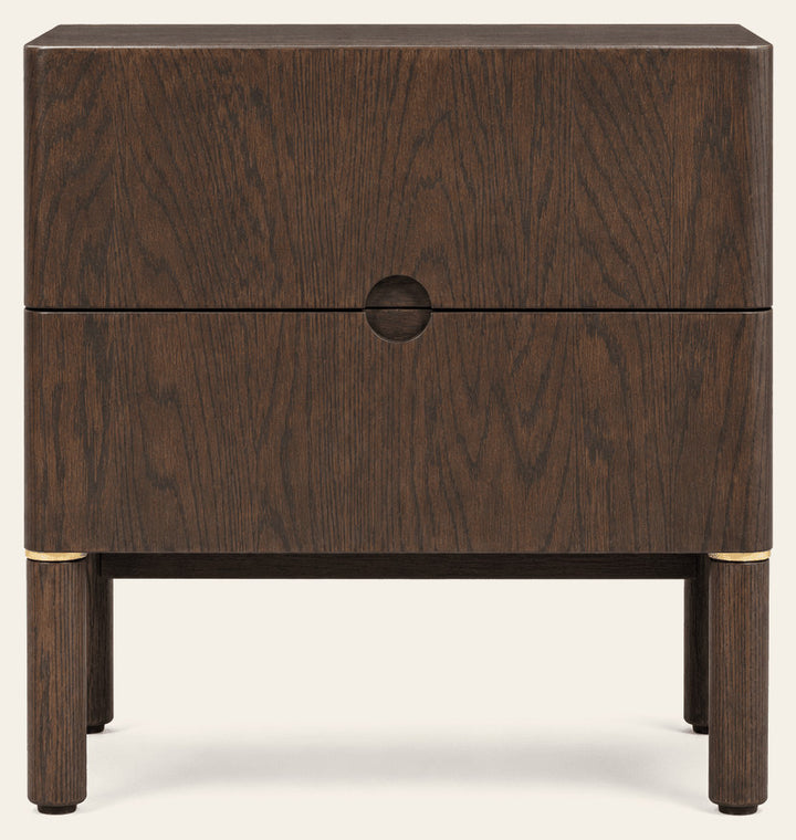 Arun nightstand in espresso oak straight-on front view - 2-drawer Scandinavian bedside table - Whats New Furniture Portland