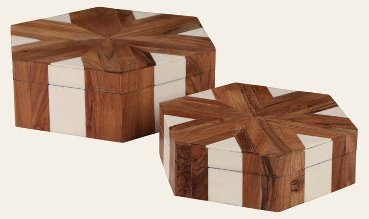 Wood inlay hexagon storage boxes set of 2 natural white - Sagebrook Home - Whats New Furniture Portland OR
