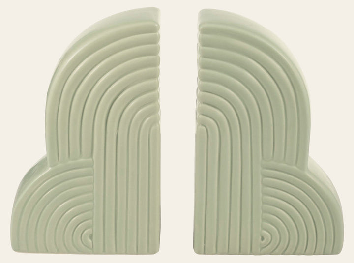 Sage green ceramic arch bookends with ridged detail - Sagebrook Home - Whats New Furniture Portland OR