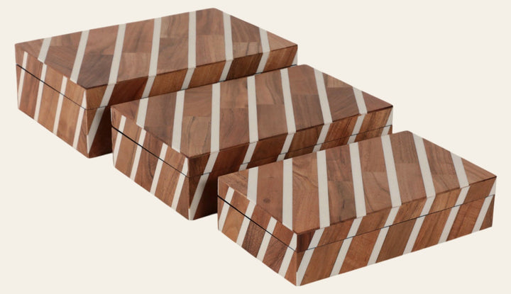 Carved diagonal lines nesting boxes set of 3 natural ivory - Sagebrook Home - Whats New Furniture Portland OR