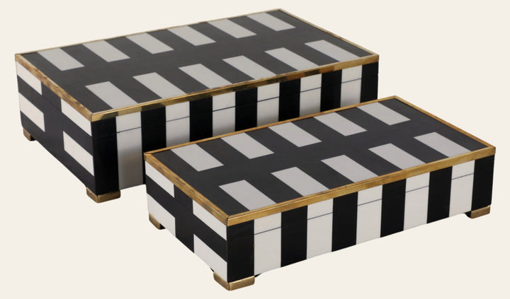 Black and white stripe footed boxes with gold feet set of 2 - Sagebrook Home - Whats New Furniture Portland OR