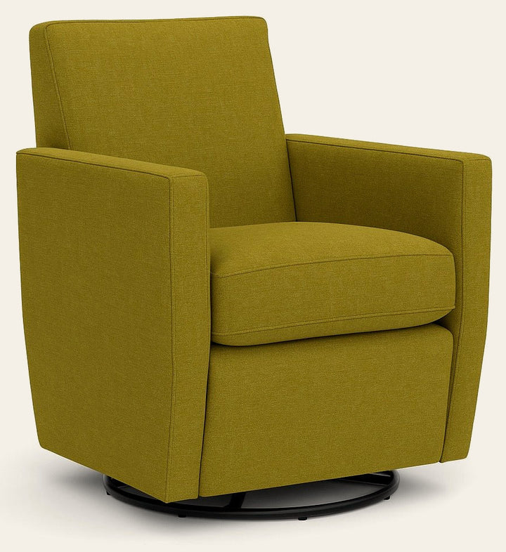 Zora Swivel Glider Chair in Stella Lemonade side angle - Oregon-made swivel glider chair - Whats New Furniture Portland OR