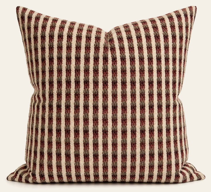 Durban Sangria woven check throw pillow front view by Decor Fifty-Five - Whats New Furniture Portland OR
