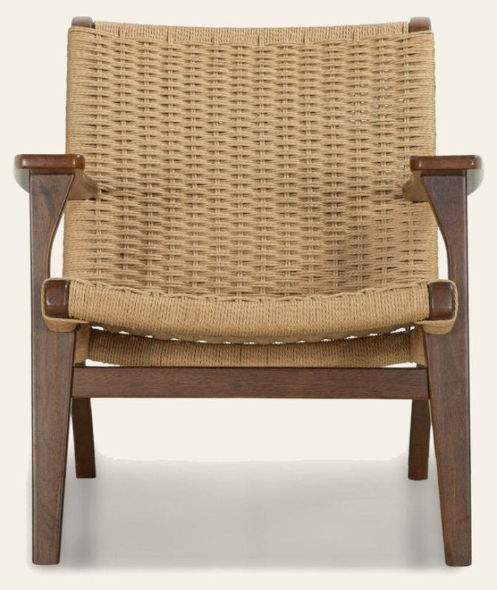 Drummond Accent Chair in walnut frame with woven danish cord — front view — What's New Furniture Portland