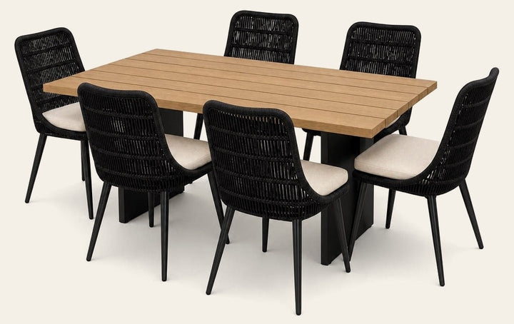 Naples Outdoor Dining Set with 6 Chairs - teak-finish acacia table with rope dining - What's New Furniture Portland OR