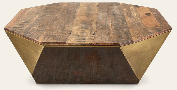 Reclaimed wood brown square coffee table with gold accents and low profile - Whats New Furniture Portland OR