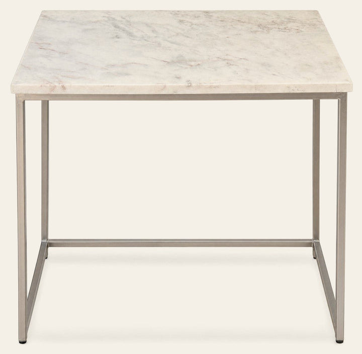 White marble pedestal end table with a sculptural base and veined stone top - Whats New Furniture Portland OR