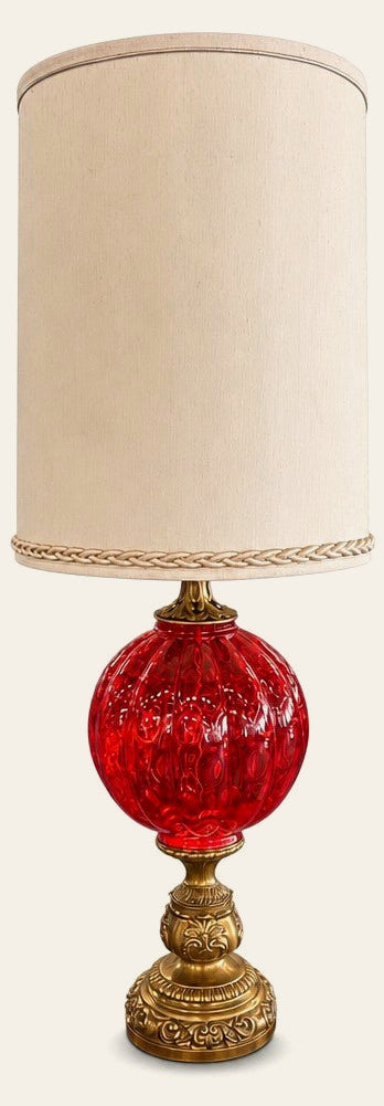 Red and gold glass table lamp with a tall sculptural base - Whats New Furniture Portland OR
