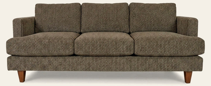 Alpine Sofa in Starmount Pistachio sage-brown striped chenille fabric - plush mid-century - Whats New Furniture Portland OR