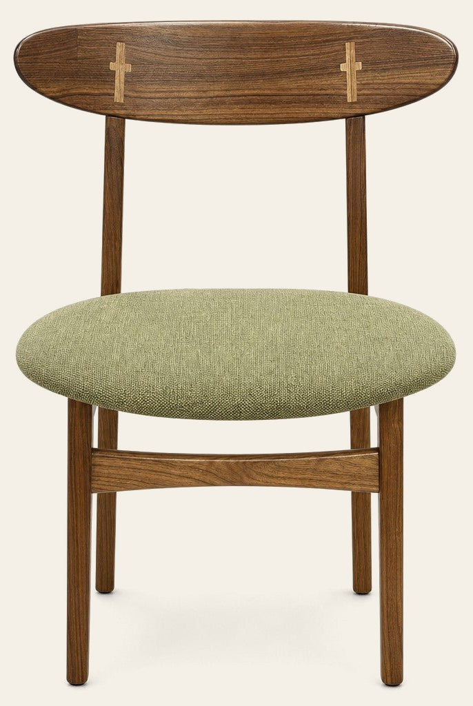 Walnut brown mid-century dining chair with a green upholstered seat and splayed legs - Whats New Furniture Portland OR