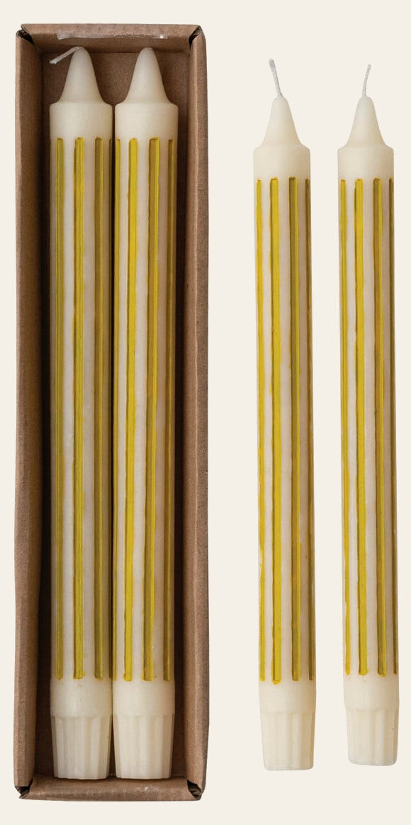 Chartreuse striped taper candles set of two front view - Creative Co-Op - Whats New Furniture Portland OR