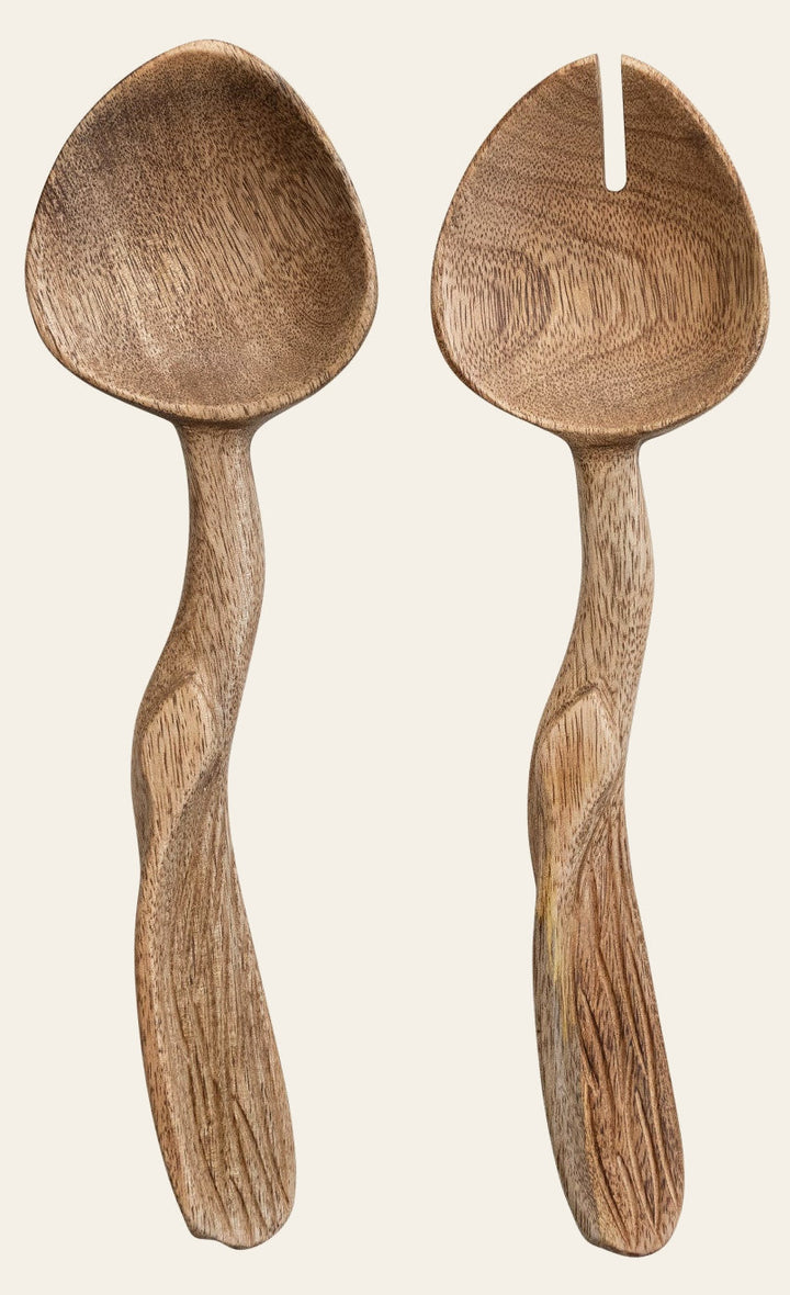 Carved Mango Wood Salad Servers Set of 2 - front view of the two carved wood salad - What's New Furniture Portland OR
