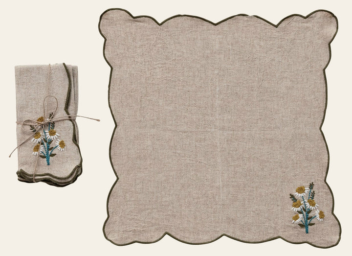 Scalloped Embroidered Daisy Napkins Set of 4 - folded natural napkin with embroidered - What's New Furniture Portland OR