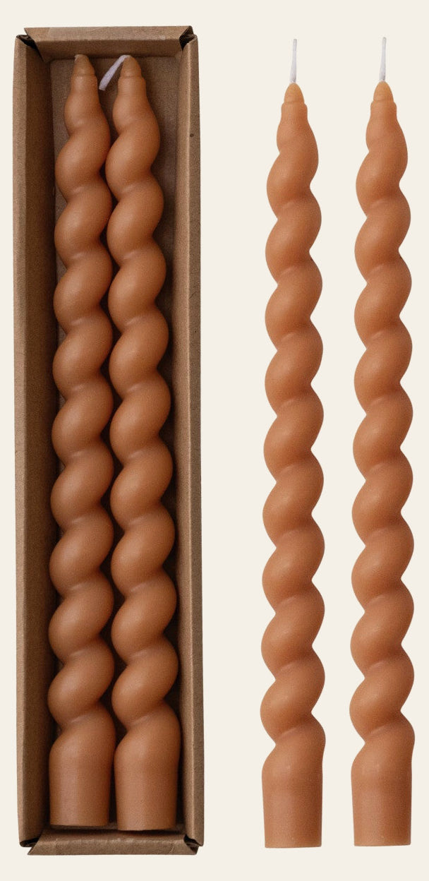 Unscented Twisted Taper Candles Tan Set of 2 - tan twisted taper candles in the box - What's New Furniture Portland OR