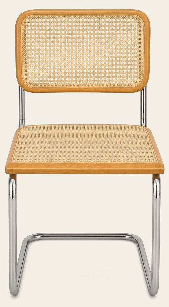 Natural cane and chrome dining chair with a woven cane back and slim polished frame - Whats New Furniture Portland OR
