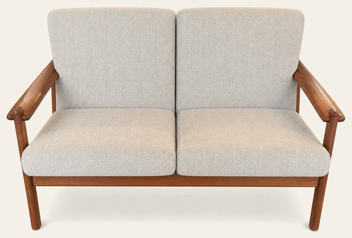 Light green mid-century loveseat with solid wood frame and Japanese joinery - Whats New Furniture Portland OR