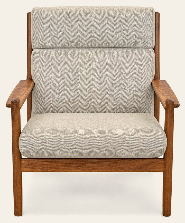 Light green mid-century armchair with solid wood frame and Japanese joinery - Whats New Furniture Portland OR