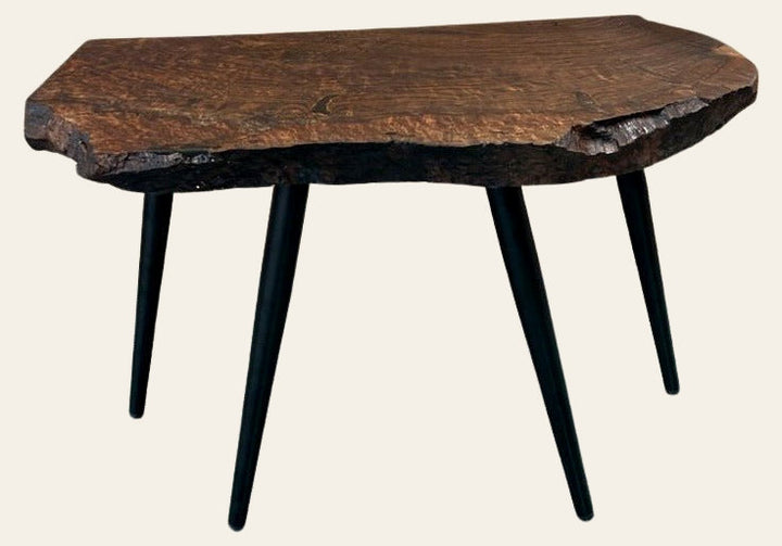 Dark walnut live edge accent table with a clear epoxy river fill on the top - Whats New Furniture Portland OR