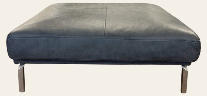 Slate gray square leather ottoman with a low profile, made in Italy - Whats New Furniture Portland OR
