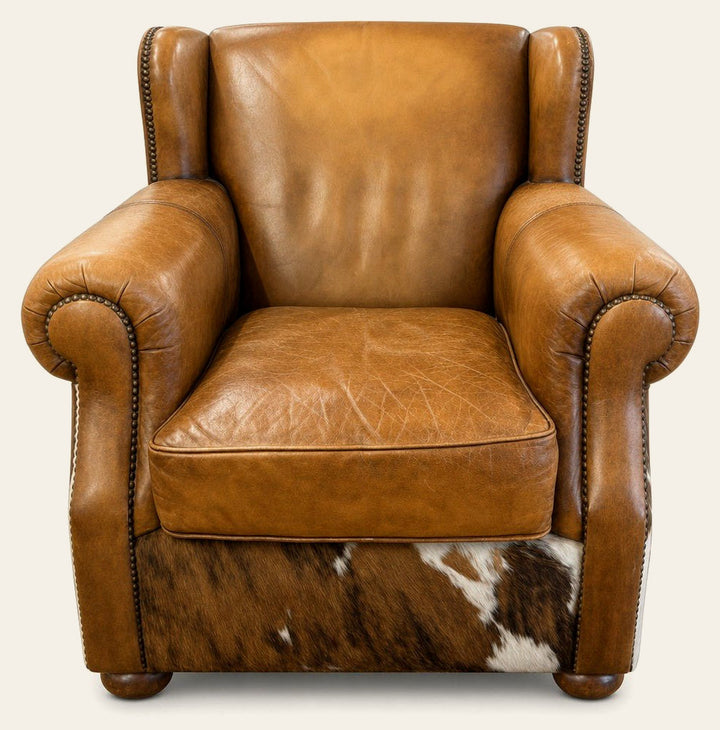 Cognac brown leather and cowhide armchair with matching ottoman - Whats New Furniture Portland OR
