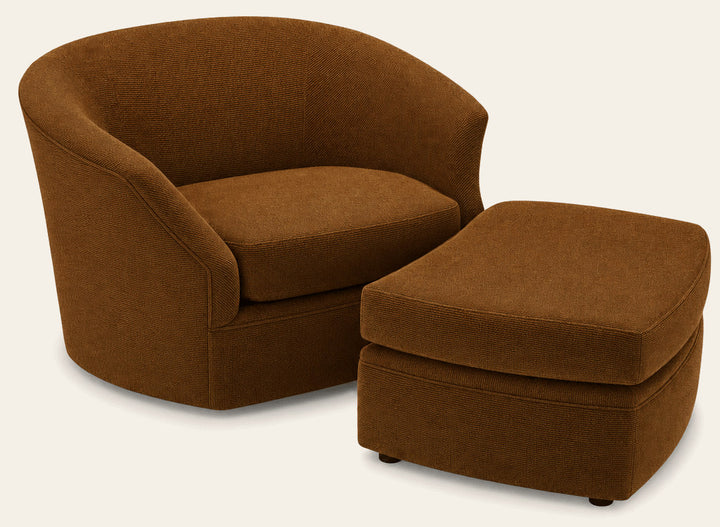 Whirl Swivel Chair in Nexus Toffee front view - swivel barrel chair by Stylus - Whats New Furniture Portland OR