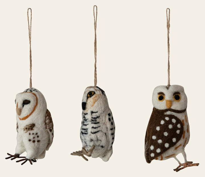 Handmade Wool Felt Owl Ornament, 4"H, 3 Styles all three styles - seasonal decor - Whats New Furniture Portland OR