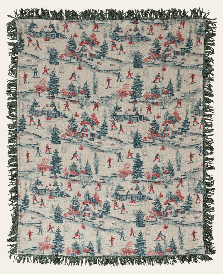 Cotton Slub Printed Throw with Ski Scene & Bullion Fringe, 60" x 50" laid flat - soft - Whats New Furniture Portland OR