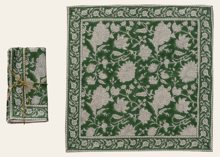 Cotton Block Print Napkins with Floral Pattern, Green & White, Set of 4 folded and open - Whats New Furniture Portland OR