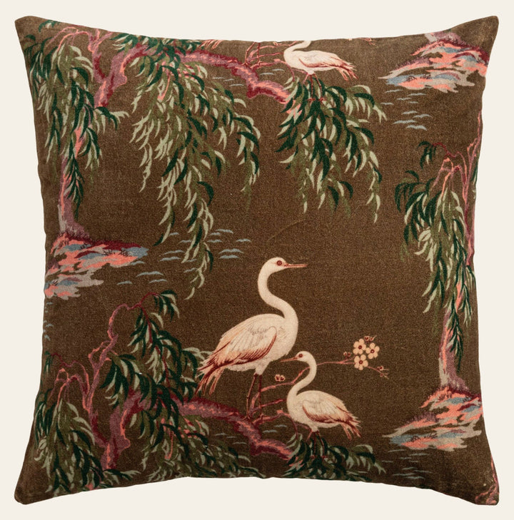 Cotton Velvet Chinoiserie Pillow with Chambray Back, 20" Square front - soft goods - Whats New Furniture Portland OR