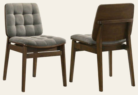 Redbridge Upholstered Dining Side Chair in Grey and Walnut, front and back product view - What's New Furniture Portland
