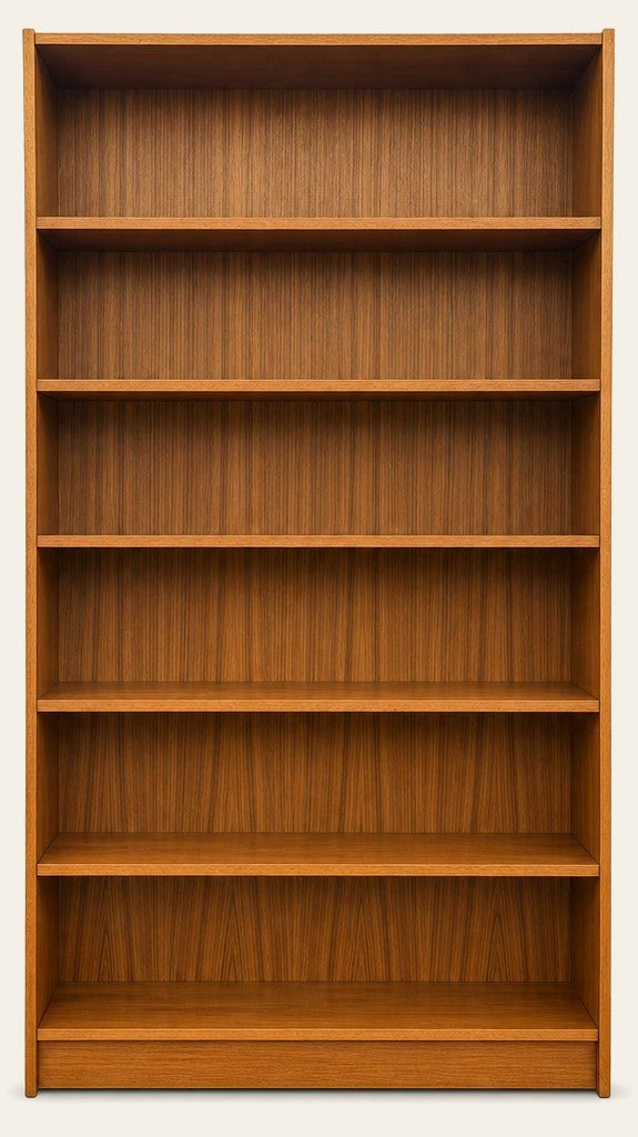 Teak Danish mid-century wide bookcase with tall open shelving and warm wood grain - Whats New Furniture Portland OR
