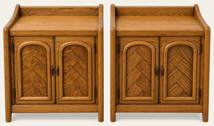 Medium oak mid-century nightstands, a matched set of two with clean lines and visible wood - Whats New Furniture Portland OR