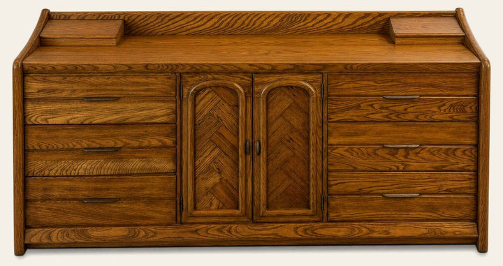 Medium oak mid-century nine-drawer dresser with clean horizontal lines - Whats New Furniture Portland OR