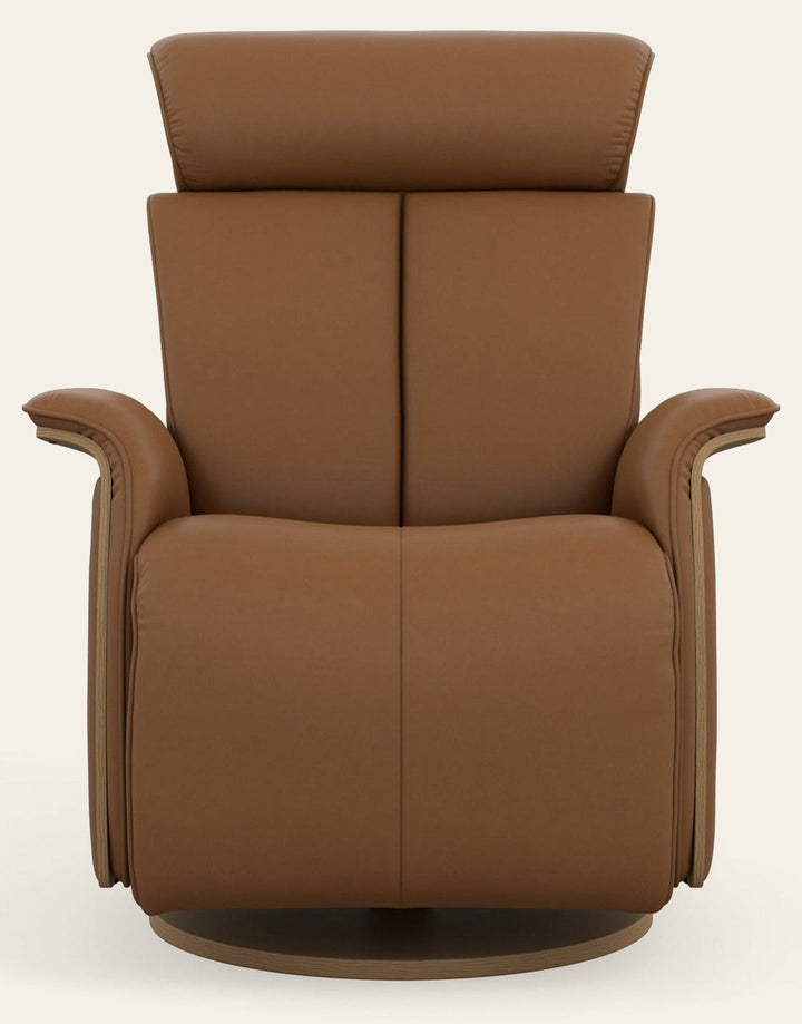 Jewel Power Recliner front view in tan leather - Fjords Norwegian power recliner - Whats New Furniture Portland OR