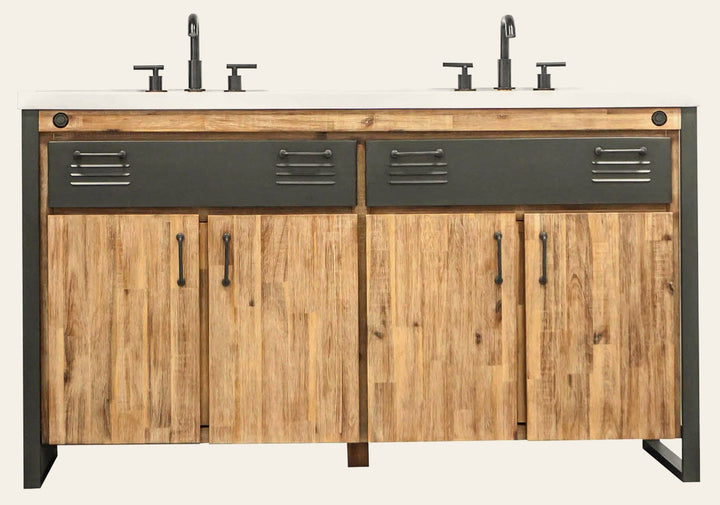 Irondale Vanity W61 in Solid Acacia Wood and Metal with White Basin - Whats New Furniture Portland OR