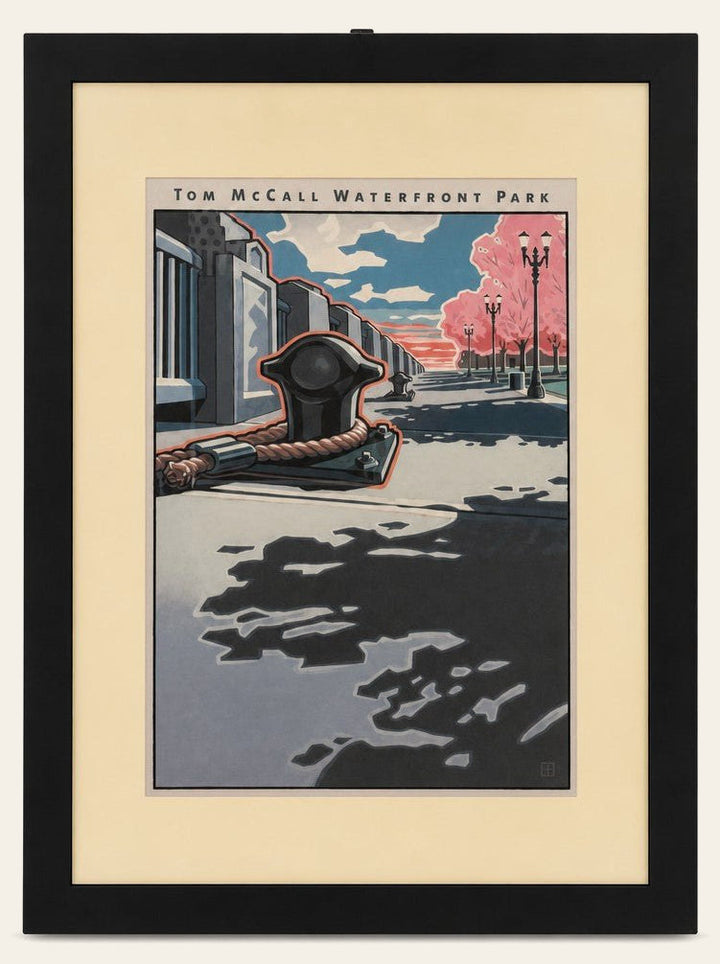 Multicolored print of Tom McCall Waterfront Park by Jeff Foster with poster-style graphic lines