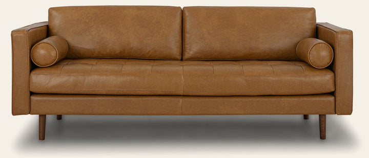 Macadam Leather Sofa in Steamboat Camel front view - sofa by What's New Furniture - Whats New Furniture Portland OR
