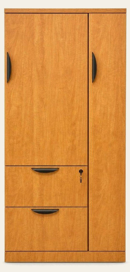 Light Honey Oak tall mid-century storage locker cabinet with vertical wood grain.