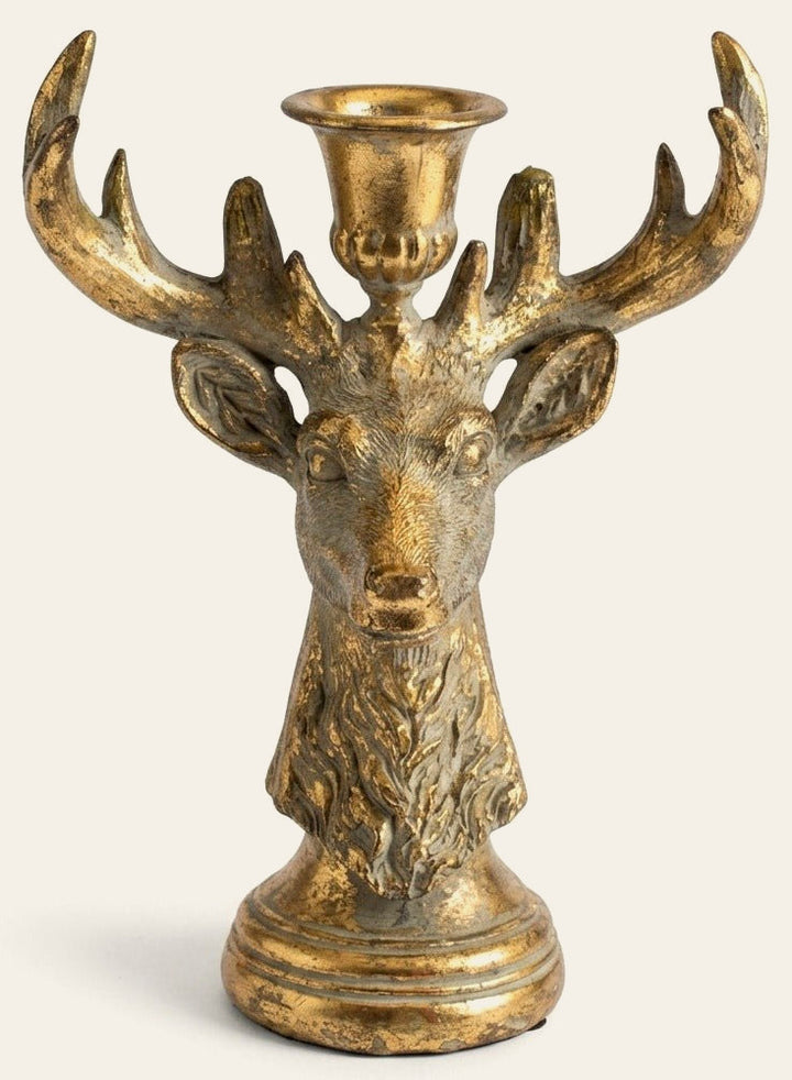 Antique Gold Deer Head Taper Candle Holder front view on white - cast resin stag candle holder by Kalalou - Whats New Furniture Portland OR