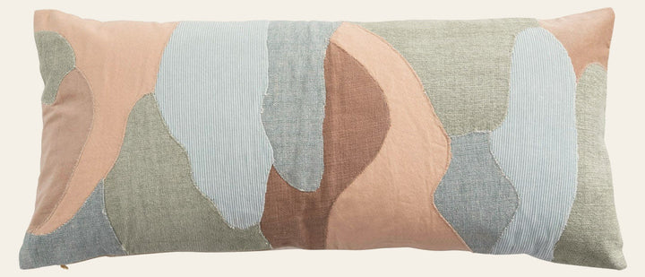Cotton Blend Patchwork Lumbar Pillow 36-inch front view with sage blue and peach curved patchwork - pillow by Creative Co-Op - Whats New Furniture Portland OR