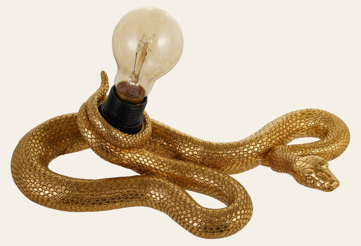 Resin Snake Table Lamp in gold finish with exposed Edison bulb front view - sculptural accent lamp by Bloomingville - Whats New Furniture Portland OR