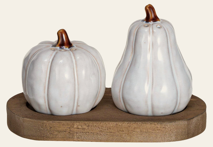 Stoneware Pumpkin Salt and Pepper Shakers set of 3 with wood tray front view - fall serveware by Creative Co-Op - Whats New Furniture Portland OR