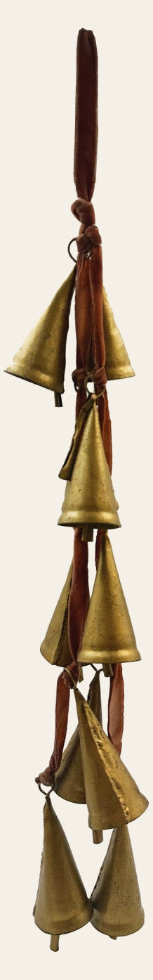 Velvet Ribbon Door Hanger with 10 antiqued brass cone bells full view - holiday decor by Creative Co-Op - Whats New Furniture Portland OR